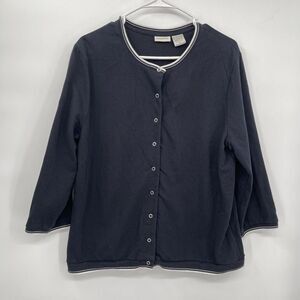 Crossroads XL Cardigan Women Navy Blue 3/4 Sleeve Snap Front‎ Cotton Tipped Trim